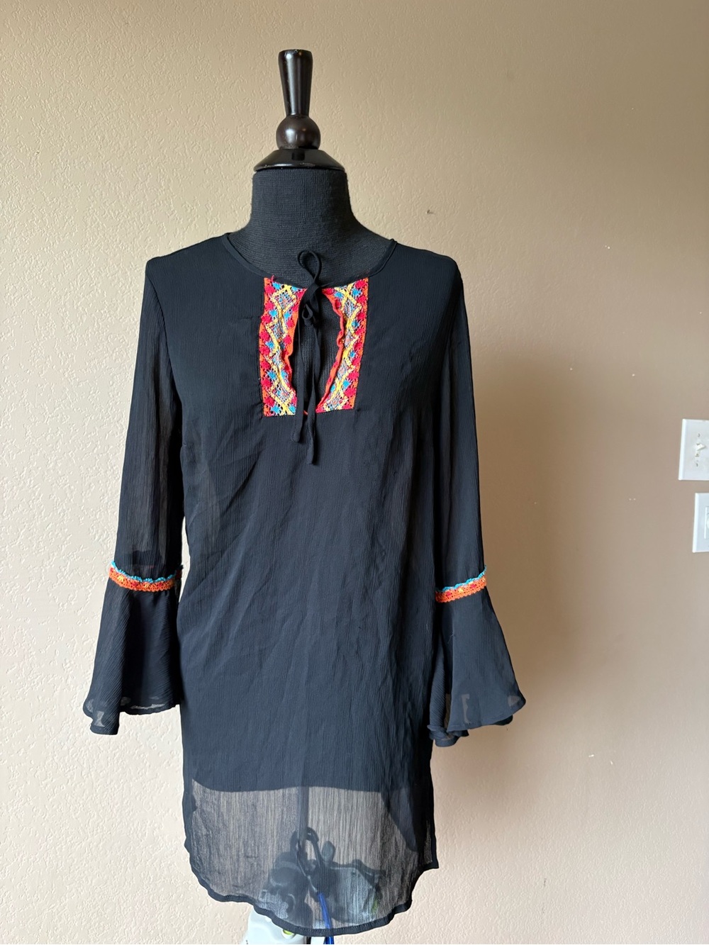 Arden B Black Sheer Boho Blouse Embroidery Bell Sleeves Size XS Y2K Boho